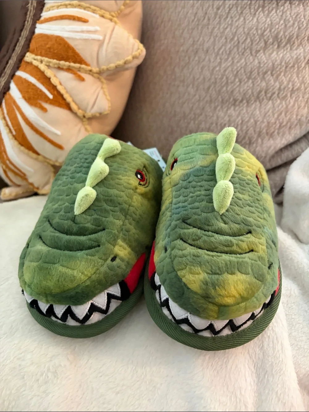 Cat & Jack Green Dinosaur Plush Slippers with Red Trim